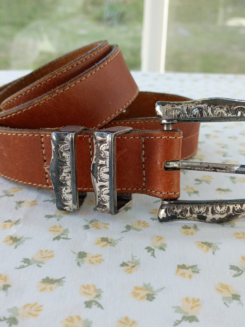 Brighton Belt Brown Soft Leather Western Style Engraved Silver-Tone Buckle USA